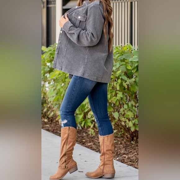 BiBi Corduroy Button Down Jacket - Charcoal Color - Picture 4 of 6